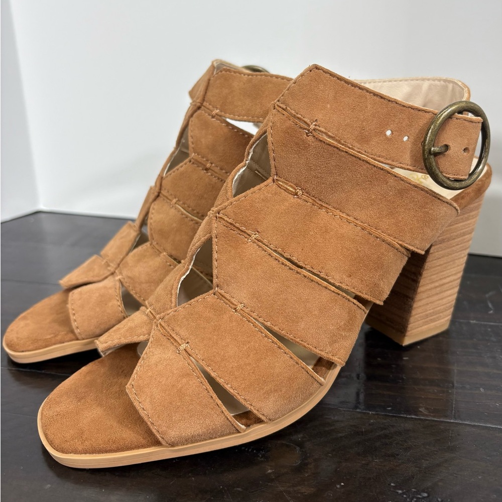 NEW Seychelles Suede Tan Leather Block Heel Strappy Sandals Size 7.5